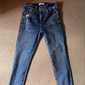 LOFT Frayed High Waist Skinny Ankle Jean in Pure Mid Indigo Wash